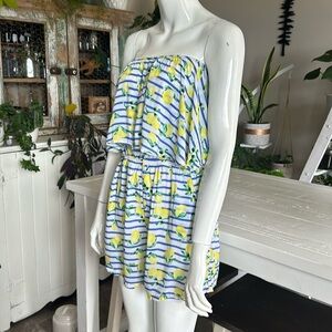 COPY - LaVieEn Rose aqua short jumpsuit, lemon, striped blue strapless with poc…